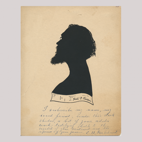 
        Front of silhouette, with man looking left and wearing glasses. At the bottom some inscription hand-written by the subject of the silhouette.